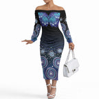 Dreamy Butterfly Collar Australia Purple Teal Hopeful Sky Off The Shoulder Long Sleeve Dress Indigenous Aboriginal Art