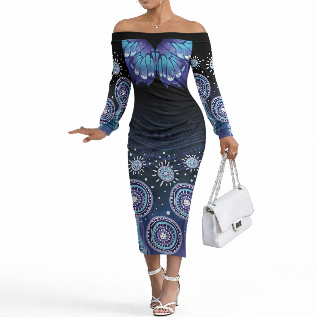 Dreamy Butterfly Collar Australia Purple Teal Hopeful Sky Off The Shoulder Long Sleeve Dress Indigenous Aboriginal Art