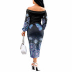 Dreamy Butterfly Collar Australia Purple Teal Hopeful Sky Off The Shoulder Long Sleeve Dress Indigenous Aboriginal Art