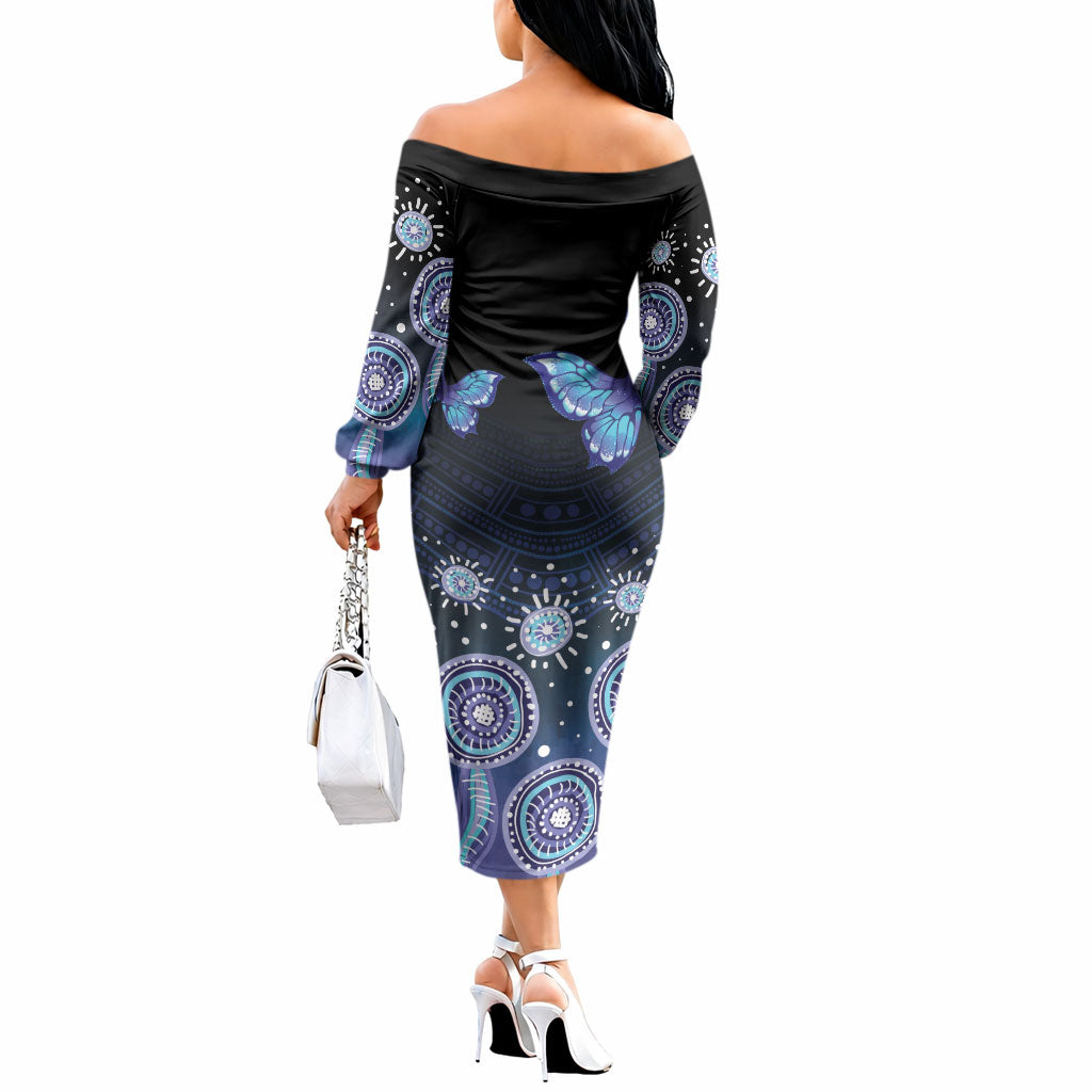 Dreamy Butterfly Collar Australia Purple Teal Hopeful Sky Off The Shoulder Long Sleeve Dress Indigenous Aboriginal Art