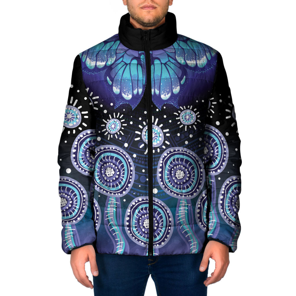 Dreamy Butterfly Collar Australia Purple Teal Hopeful Sky Padded Jacket Indigenous Aboriginal Art