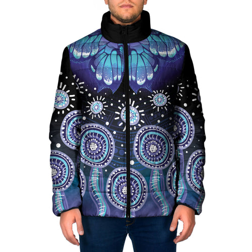 Dreamy Butterfly Collar Australia Purple Teal Hopeful Sky Padded Jacket Indigenous Aboriginal Art