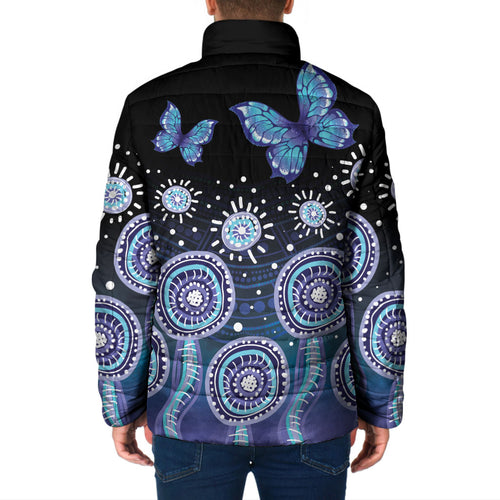 Dreamy Butterfly Collar Australia Purple Teal Hopeful Sky Padded Jacket Indigenous Aboriginal Art