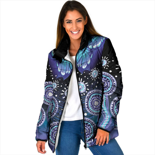 Dreamy Butterfly Collar Australia Purple Teal Hopeful Sky Padded Jacket Indigenous Aboriginal Art