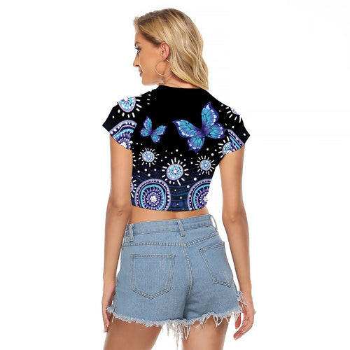 Dreamy Butterfly Collar Australia Purple Teal Hopeful Sky Raglan Cropped T Shirt Indigenous Aboriginal Art