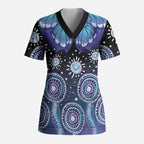 Dreamy Butterfly Collar Australia Purple Teal Hopeful Sky Scrub Top Indigenous Aboriginal Art