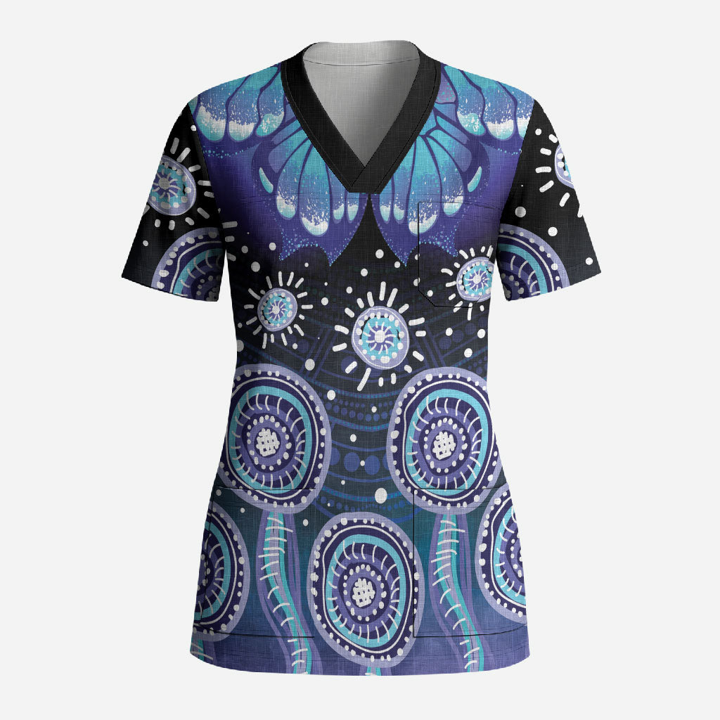 Dreamy Butterfly Collar Australia Purple Teal Hopeful Sky Scrub Top Indigenous Aboriginal Art