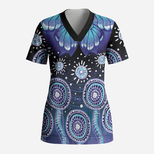Dreamy Butterfly Collar Australia Purple Teal Hopeful Sky Scrub Top Indigenous Aboriginal Art