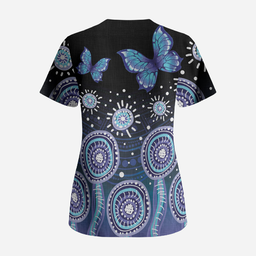 Dreamy Butterfly Collar Australia Purple Teal Hopeful Sky Scrub Top Indigenous Aboriginal Art