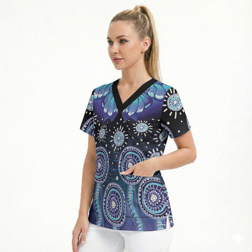 Dreamy Butterfly Collar Australia Purple Teal Hopeful Sky Scrub Top Indigenous Aboriginal Art