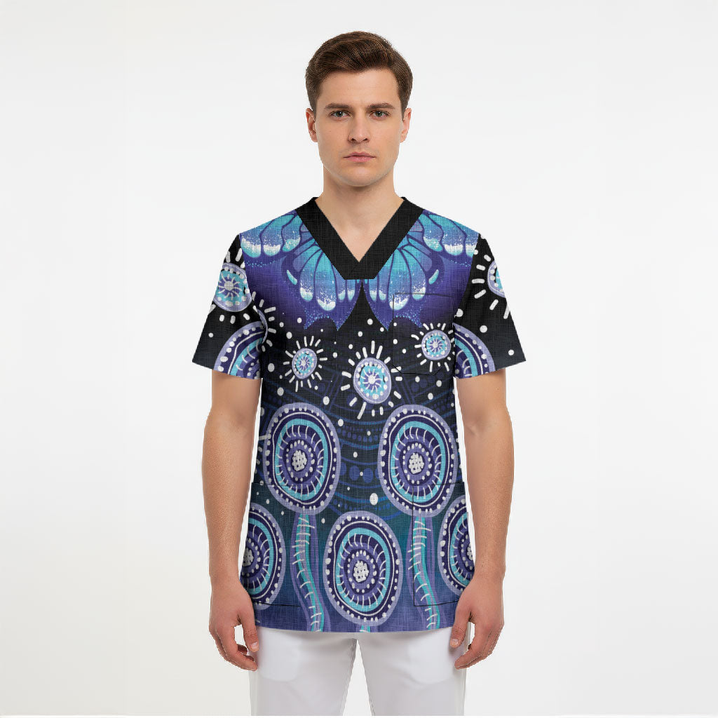 Dreamy Butterfly Collar Australia Purple Teal Hopeful Sky Scrub Top Indigenous Aboriginal Art