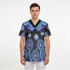 Dreamy Butterfly Collar Australia Purple Teal Hopeful Sky Scrub Top Indigenous Aboriginal Art