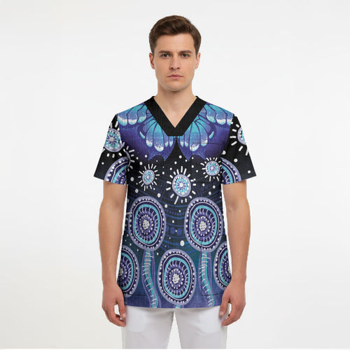 Dreamy Butterfly Collar Australia Purple Teal Hopeful Sky Scrub Top Indigenous Aboriginal Art