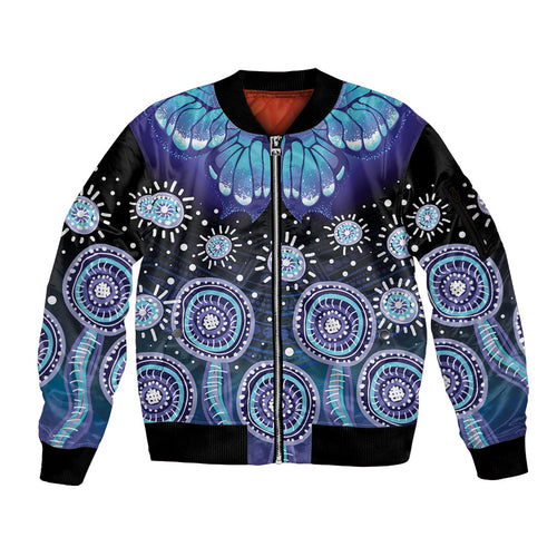 Dreamy Butterfly Collar Australia Purple Teal Hopeful Sky Sleeve Zip Bomber Jacket Indigenous Aboriginal Art