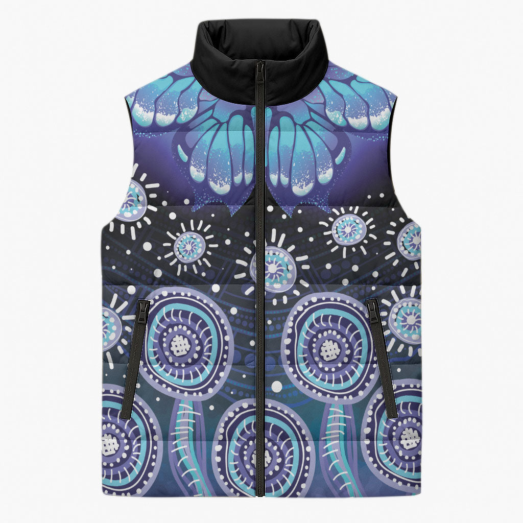 Dreamy Butterfly Collar Australia Purple Teal Hopeful Sky Sleeveless Puffer Jacket Indigenous Aboriginal Art