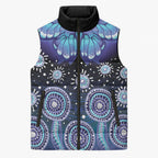 Dreamy Butterfly Collar Australia Purple Teal Hopeful Sky Sleeveless Puffer Jacket Indigenous Aboriginal Art