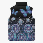 Dreamy Butterfly Collar Australia Purple Teal Hopeful Sky Sleeveless Puffer Jacket Indigenous Aboriginal Art