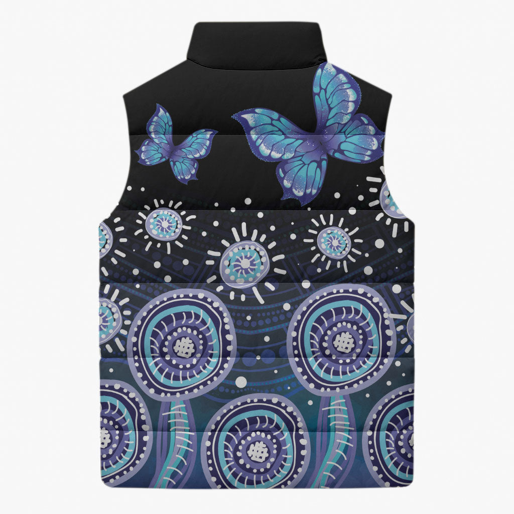 Dreamy Butterfly Collar Australia Purple Teal Hopeful Sky Sleeveless Puffer Jacket Indigenous Aboriginal Art