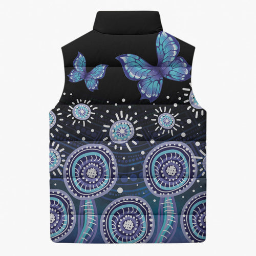 Dreamy Butterfly Collar Australia Purple Teal Hopeful Sky Sleeveless Puffer Jacket Indigenous Aboriginal Art