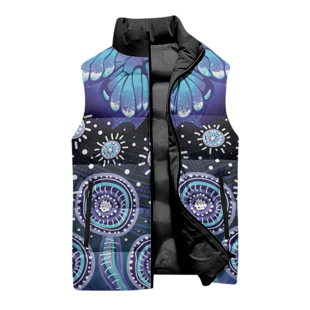 Dreamy Butterfly Collar Australia Purple Teal Hopeful Sky Sleeveless Puffer Jacket Indigenous Aboriginal Art