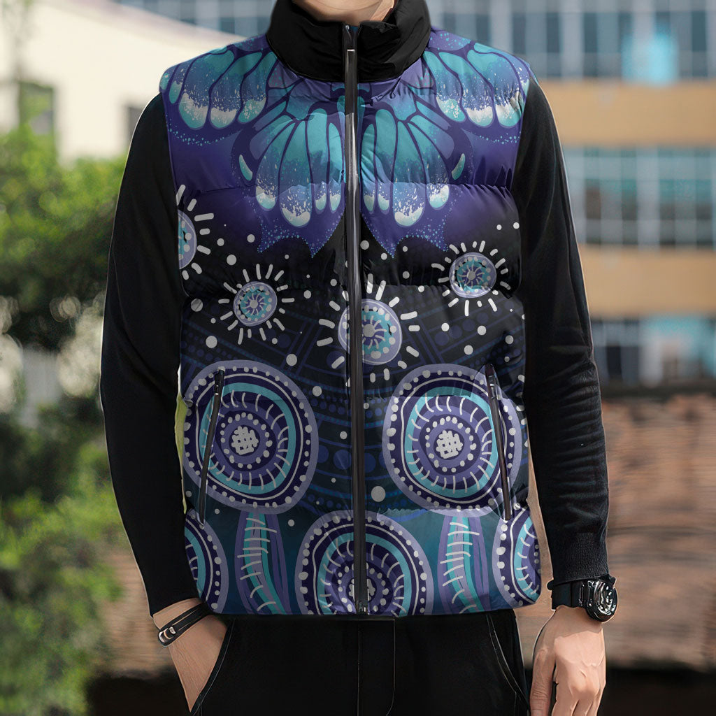 Dreamy Butterfly Collar Australia Purple Teal Hopeful Sky Sleeveless Puffer Jacket Indigenous Aboriginal Art
