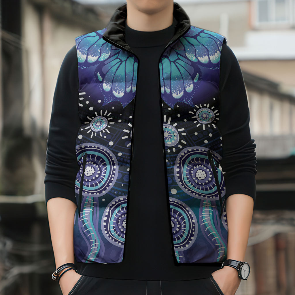 Dreamy Butterfly Collar Australia Purple Teal Hopeful Sky Sleeveless Puffer Jacket Indigenous Aboriginal Art