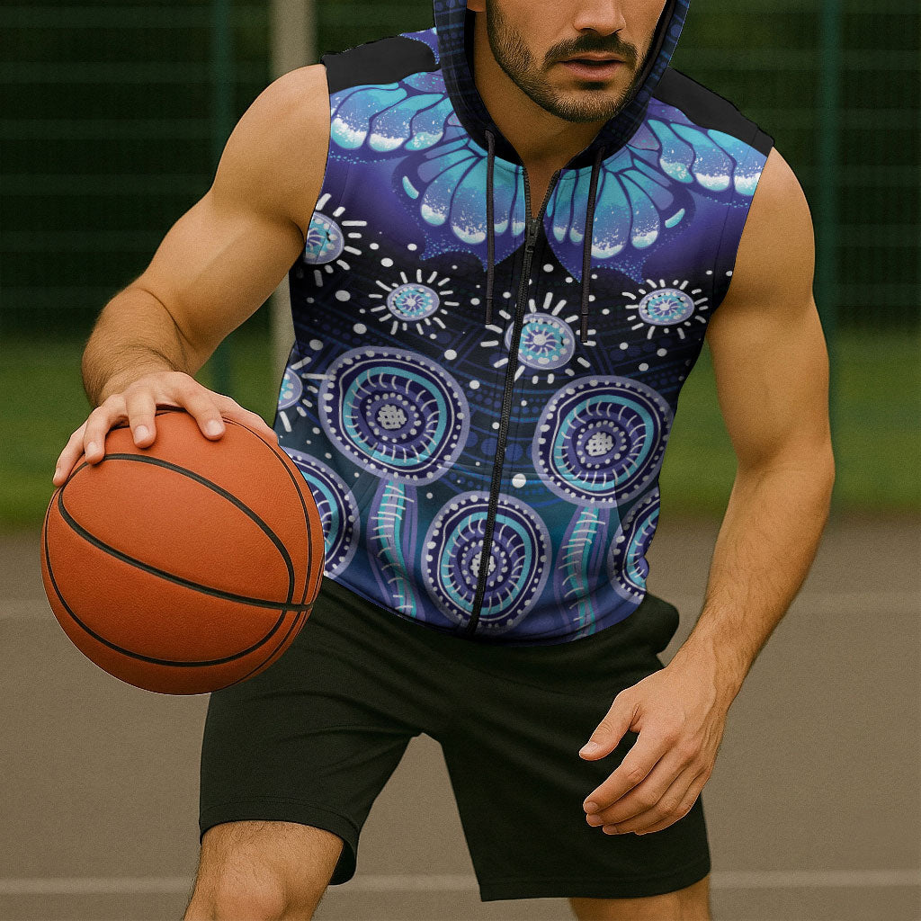 Dreamy Butterfly Collar Australia Purple Teal Hopeful Sky Sleeveless Zip Hoodie Indigenous Aboriginal Art