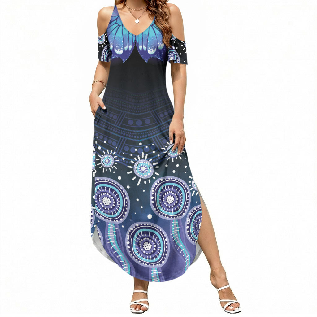 Dreamy Butterfly Collar Australia Purple Teal Hopeful Sky Summer Maxi Dress Indigenous Aboriginal Art