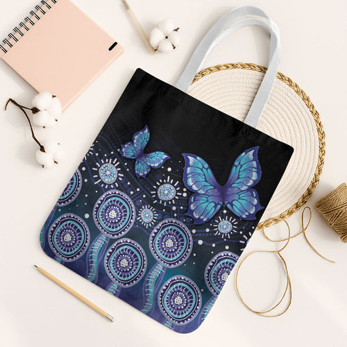 Dreamy Butterfly Collar Australia Purple Teal Hopeful Sky Tote Bag Indigenous Aboriginal Art