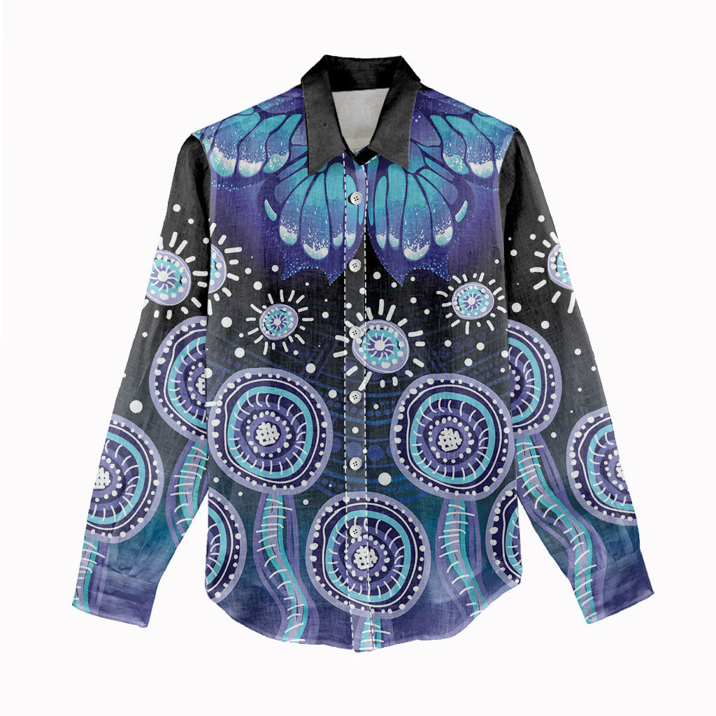 Dreamy Butterfly Collar Australia Purple Teal Hopeful Sky Women Casual Shirt Indigenous Aboriginal Art