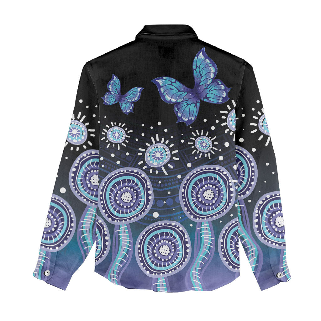 Dreamy Butterfly Collar Australia Purple Teal Hopeful Sky Women Casual Shirt Indigenous Aboriginal Art