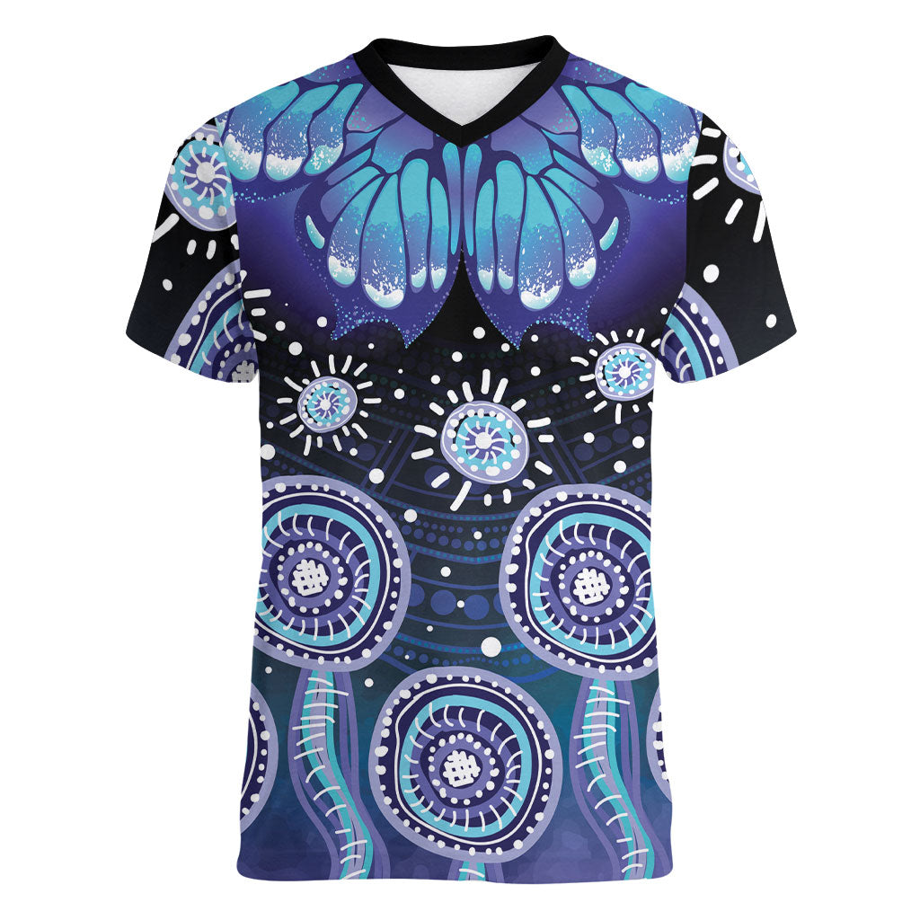 Dreamy Butterfly Collar Australia Purple Teal Hopeful Sky Women V-Neck T-Shirt Indigenous Aboriginal Art