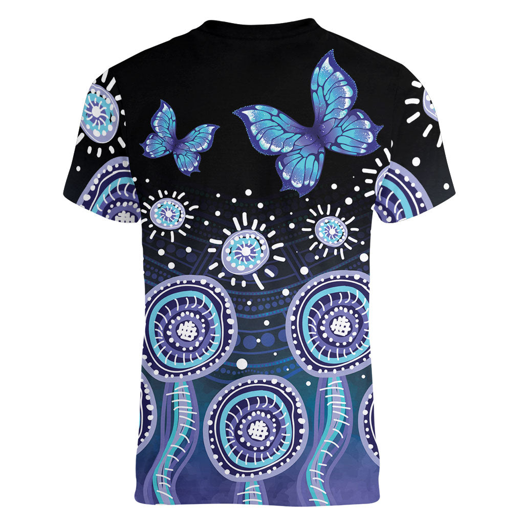 Dreamy Butterfly Collar Australia Purple Teal Hopeful Sky Women V-Neck T-Shirt Indigenous Aboriginal Art