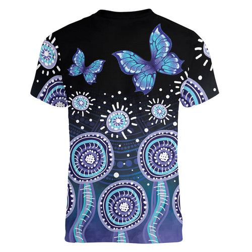 Dreamy Butterfly Collar Australia Purple Teal Hopeful Sky Women V-Neck T-Shirt Indigenous Aboriginal Art