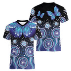 Dreamy Butterfly Collar Australia Purple Teal Hopeful Sky Women V-Neck T-Shirt Indigenous Aboriginal Art