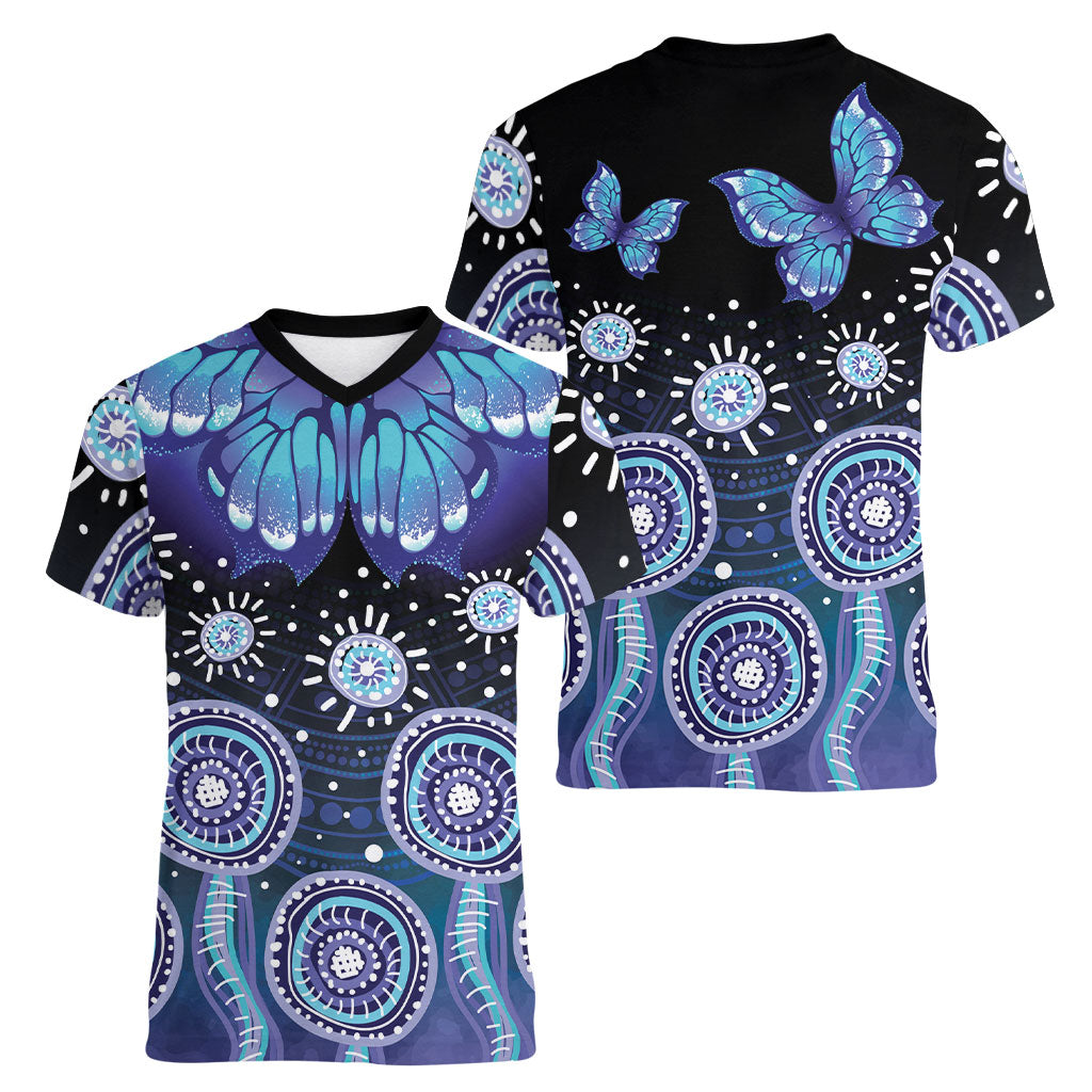 Dreamy Butterfly Collar Australia Purple Teal Hopeful Sky Women V-Neck T-Shirt Indigenous Aboriginal Art