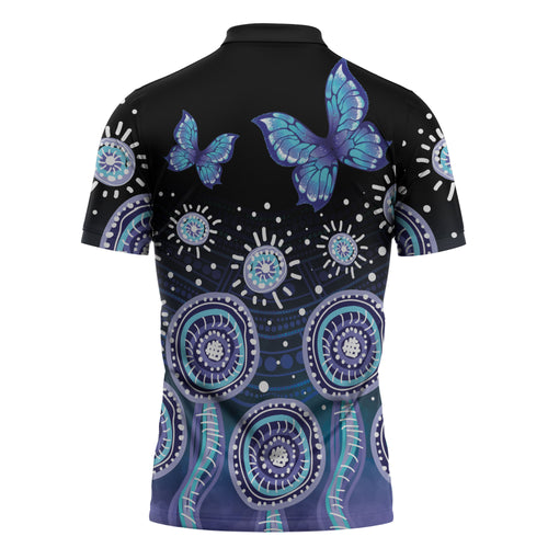Dreamy Butterfly Collar Australia Purple Teal Hopeful Sky Zipper Polo Shirt Indigenous Aboriginal Art