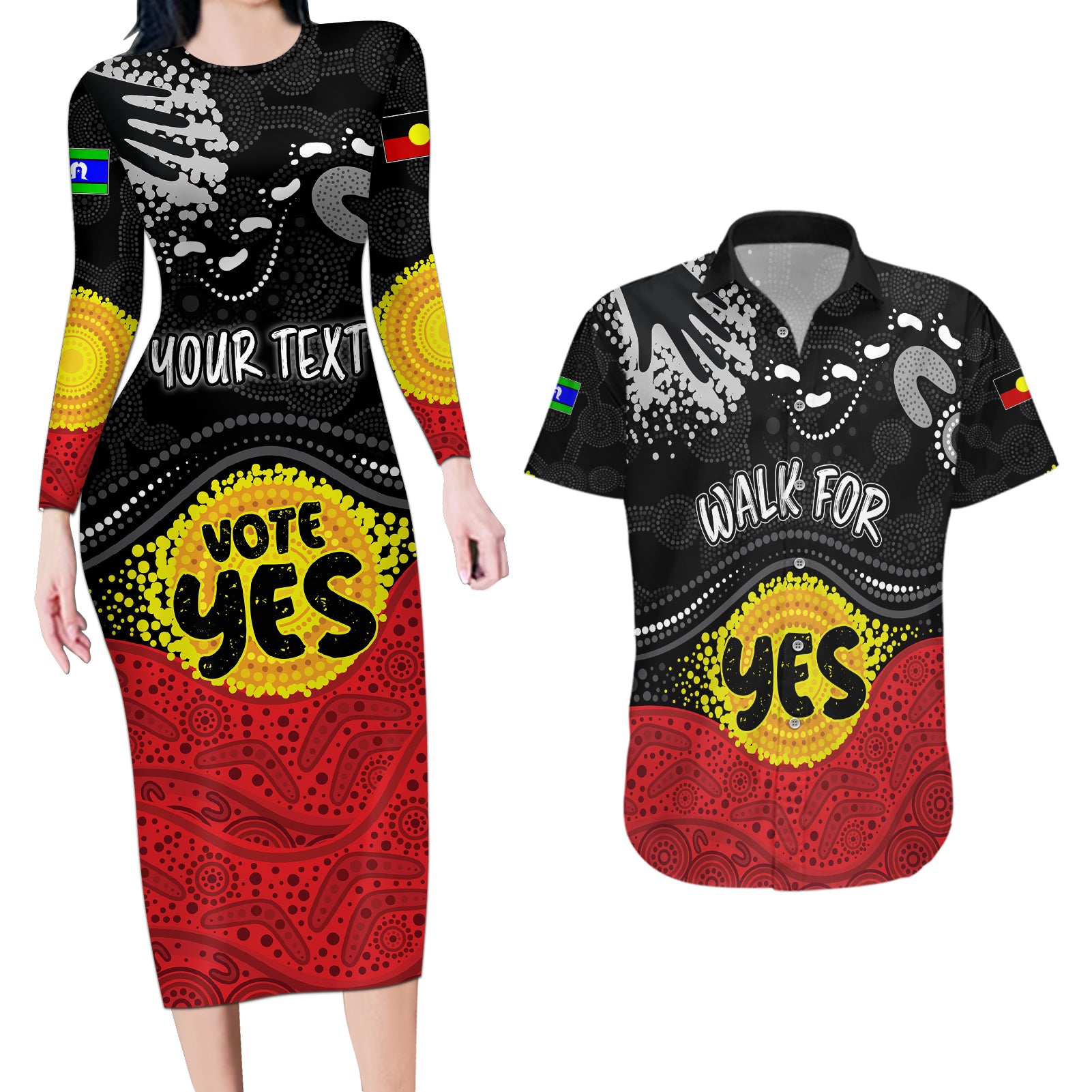 personalised-australia-indigenous-couples-matching-long-sleeve-bodycon-dress-and-hawaiian-shirt-walk-for-yes-2023-aboriginal-flag-style