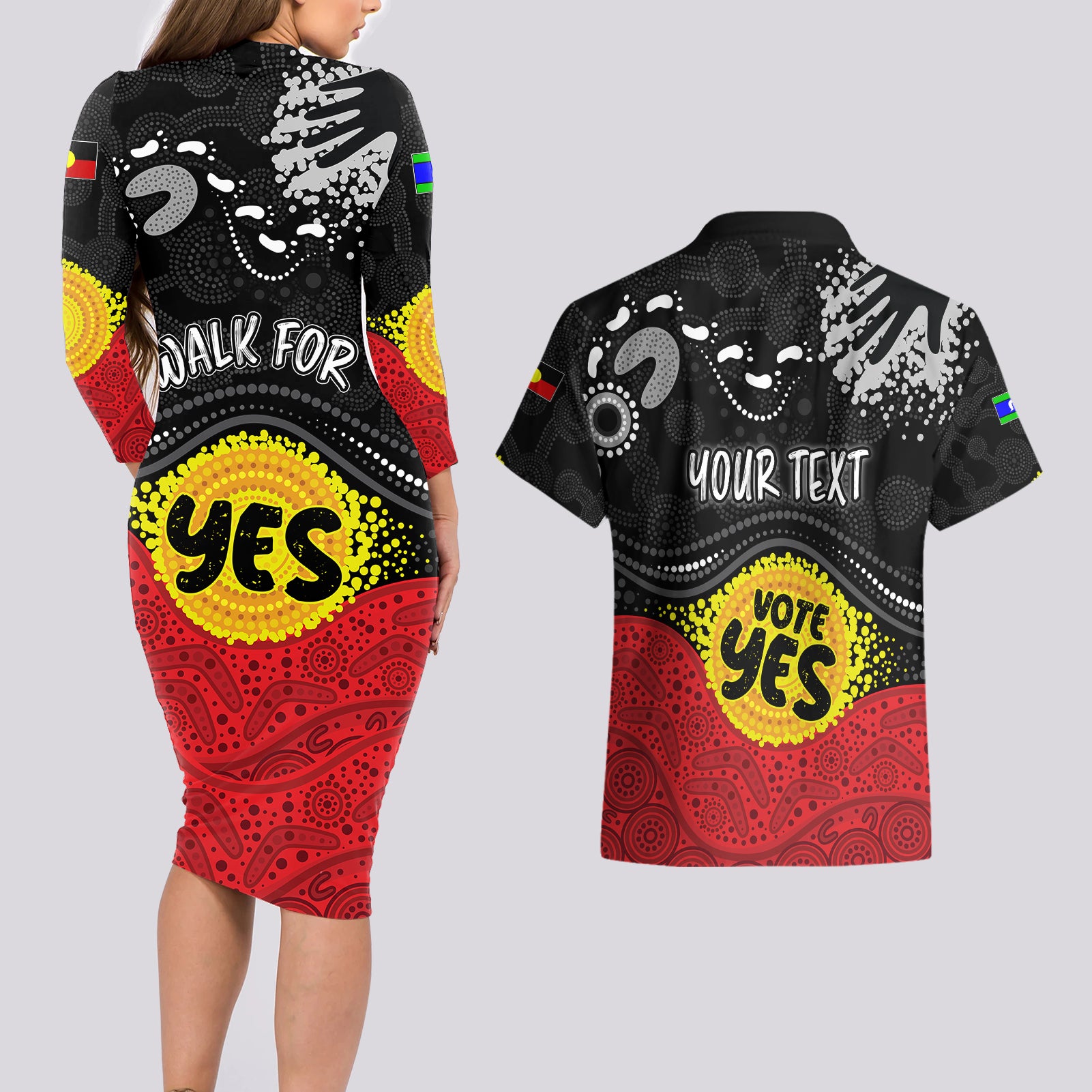 personalised-australia-indigenous-couples-matching-long-sleeve-bodycon-dress-and-hawaiian-shirt-walk-for-yes-2023-aboriginal-flag-style