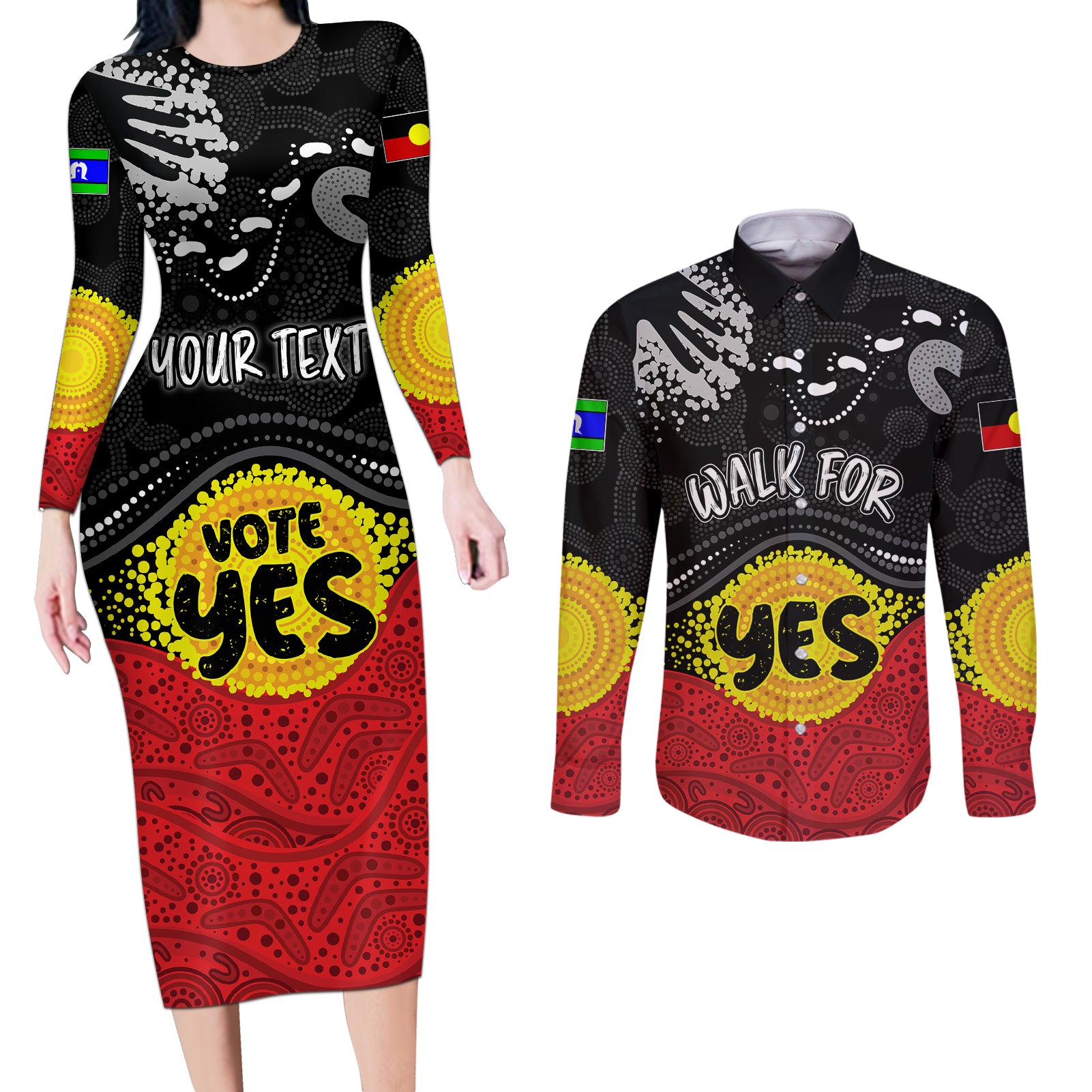 personalised-australia-indigenous-couples-matching-long-sleeve-bodycon-dress-and-long-sleeve-button-shirts-walk-for-yes-2023-aboriginal-flag-style