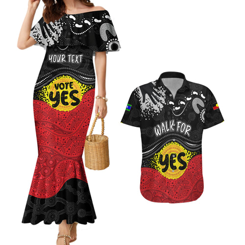 personalised-australia-indigenous-couples-matching-mermaid-dress-and-hawaiian-shirt-walk-for-yes-2023-aboriginal-flag-style
