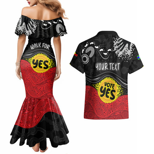 personalised-australia-indigenous-couples-matching-mermaid-dress-and-hawaiian-shirt-walk-for-yes-2023-aboriginal-flag-style