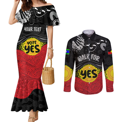 personalised-australia-indigenous-couples-matching-mermaid-dress-and-long-sleeve-button-shirts-walk-for-yes-2023-aboriginal-flag-style