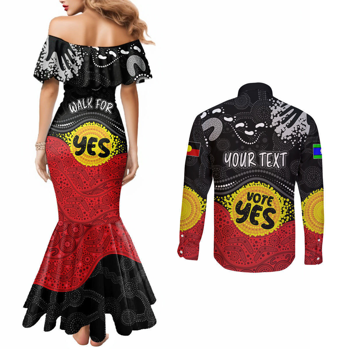 personalised-australia-indigenous-couples-matching-mermaid-dress-and-long-sleeve-button-shirts-walk-for-yes-2023-aboriginal-flag-style