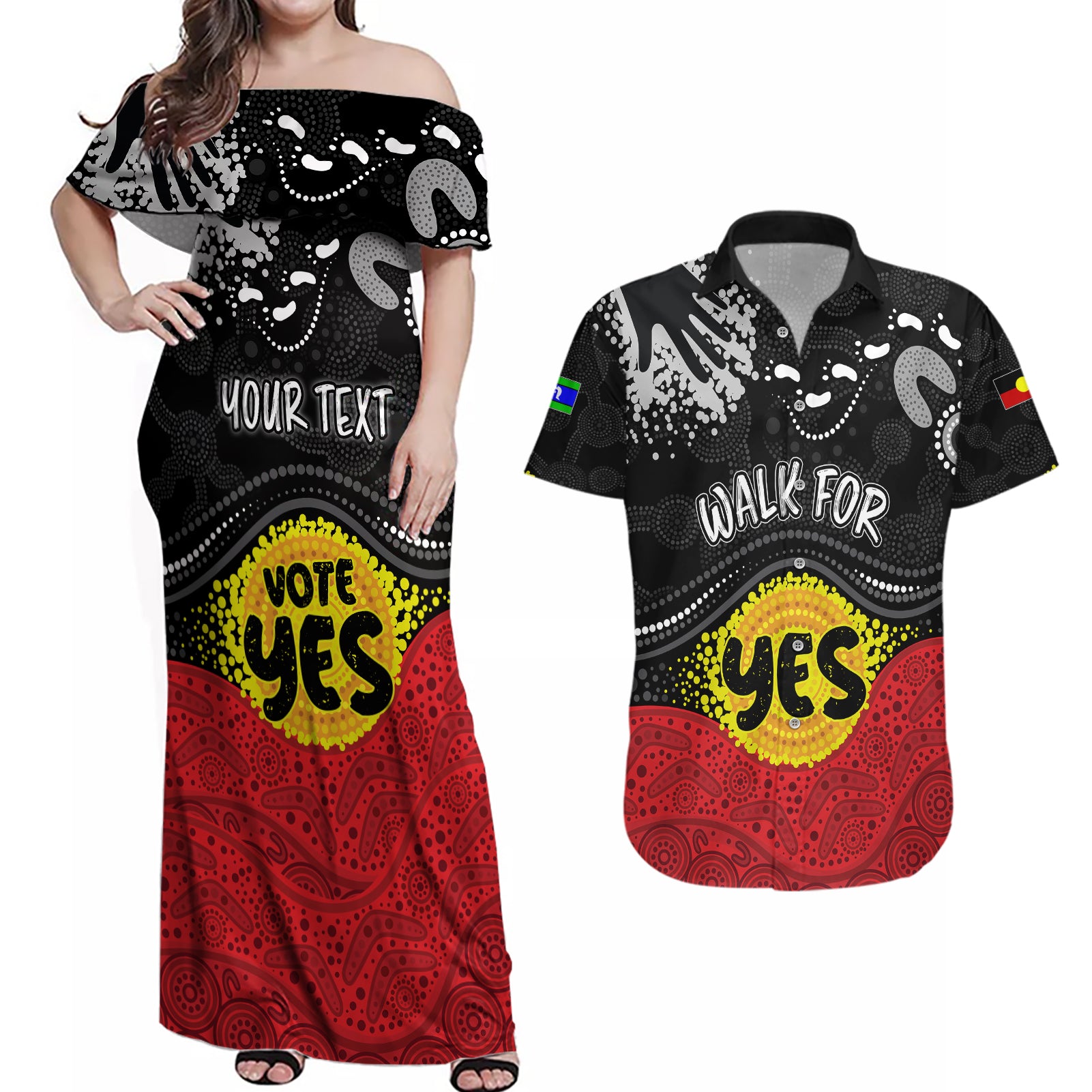 personalised-australia-indigenous-couples-matching-off-shoulder-maxi-dress-and-hawaiian-shirt-walk-for-yes-2023-aboriginal-flag-style