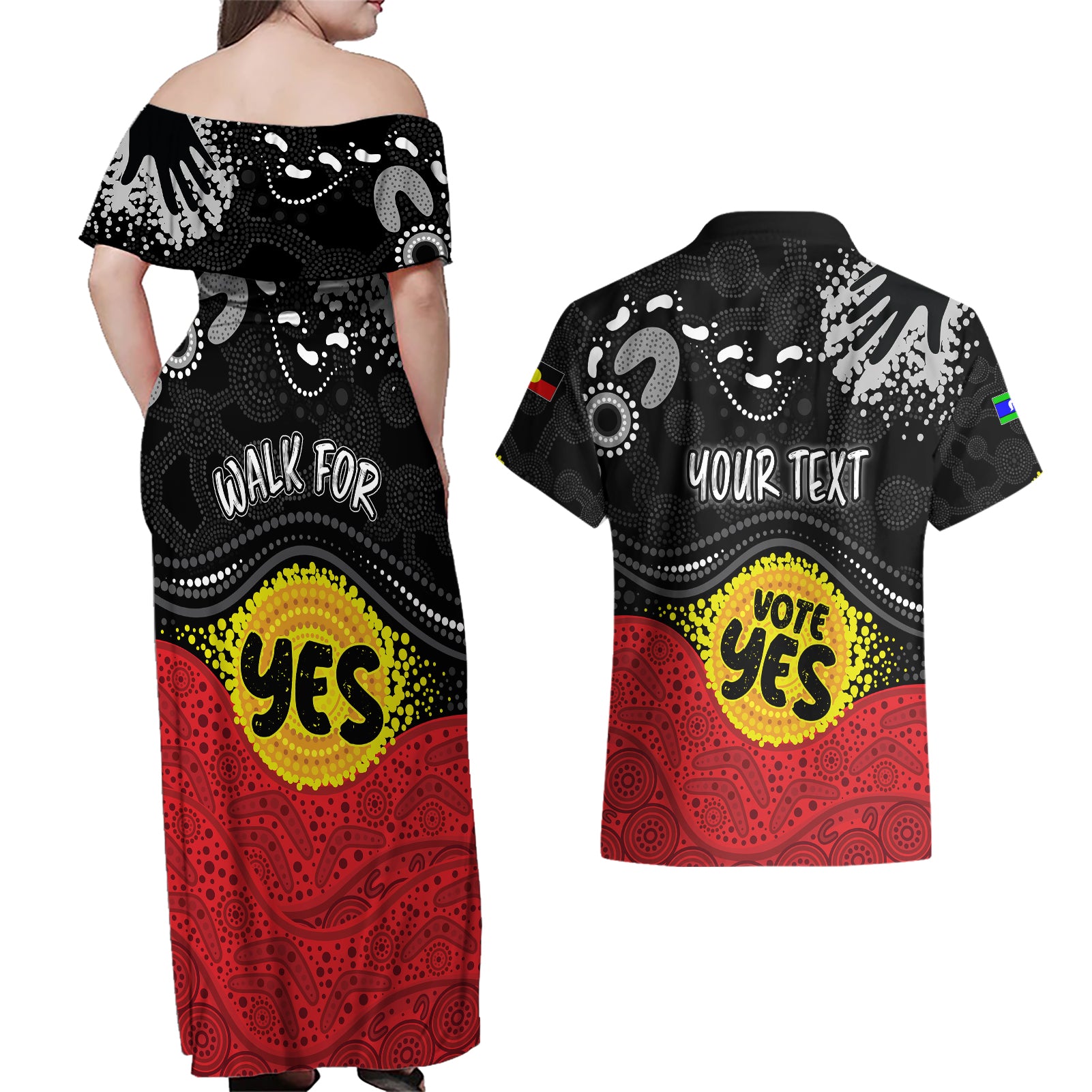 personalised-australia-indigenous-couples-matching-off-shoulder-maxi-dress-and-hawaiian-shirt-walk-for-yes-2023-aboriginal-flag-style