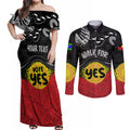 personalised-australia-indigenous-couples-matching-off-shoulder-maxi-dress-and-long-sleeve-button-shirts-walk-for-yes-2023-aboriginal-flag-style