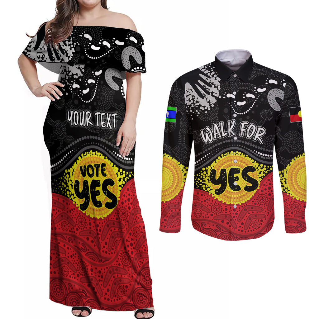 personalised-australia-indigenous-couples-matching-off-shoulder-maxi-dress-and-long-sleeve-button-shirts-walk-for-yes-2023-aboriginal-flag-style