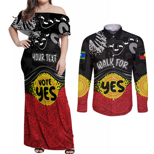 personalised-australia-indigenous-couples-matching-off-shoulder-maxi-dress-and-long-sleeve-button-shirts-walk-for-yes-2023-aboriginal-flag-style