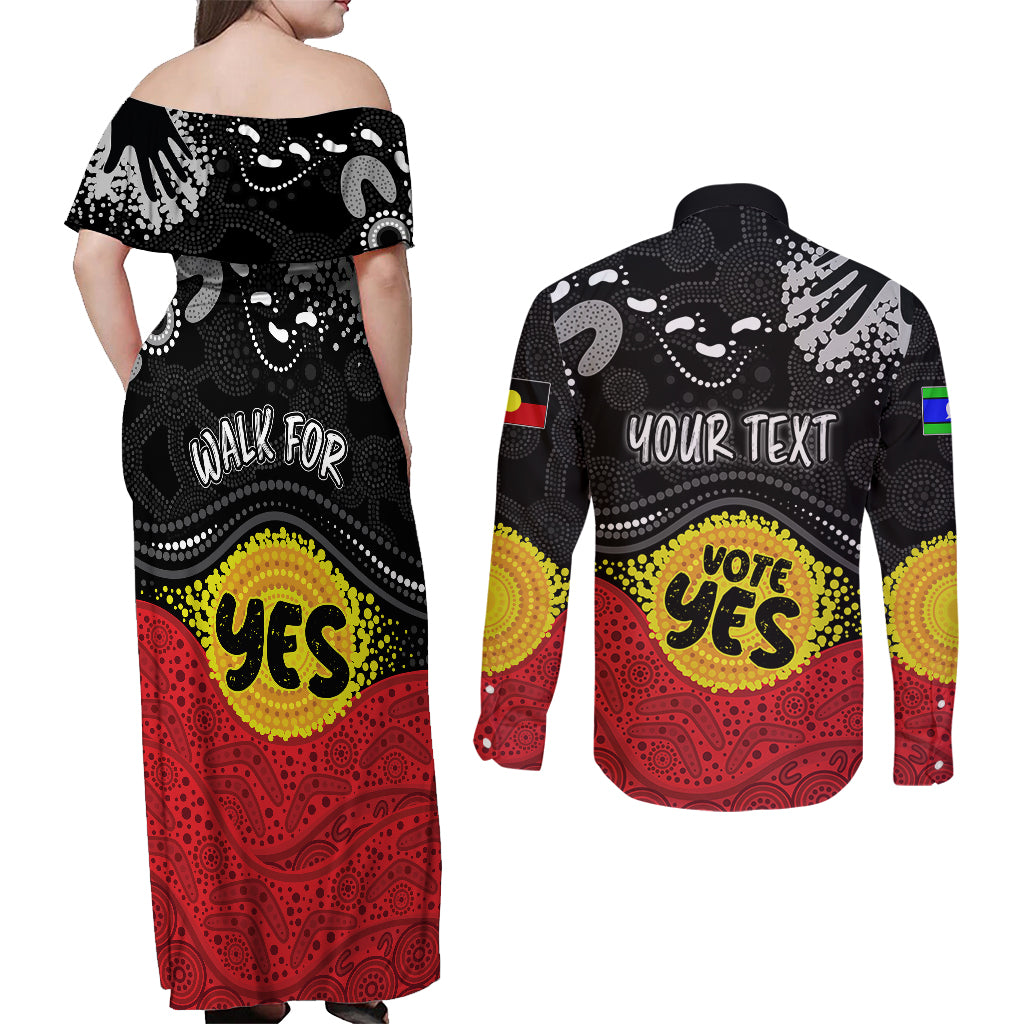 personalised-australia-indigenous-couples-matching-off-shoulder-maxi-dress-and-long-sleeve-button-shirts-walk-for-yes-2023-aboriginal-flag-style
